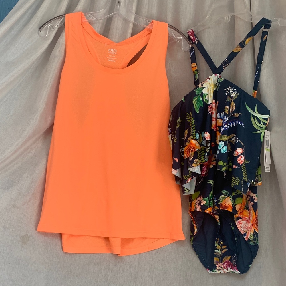 Jantzen Azure Floral Swim Dress with Coral Blossom Print